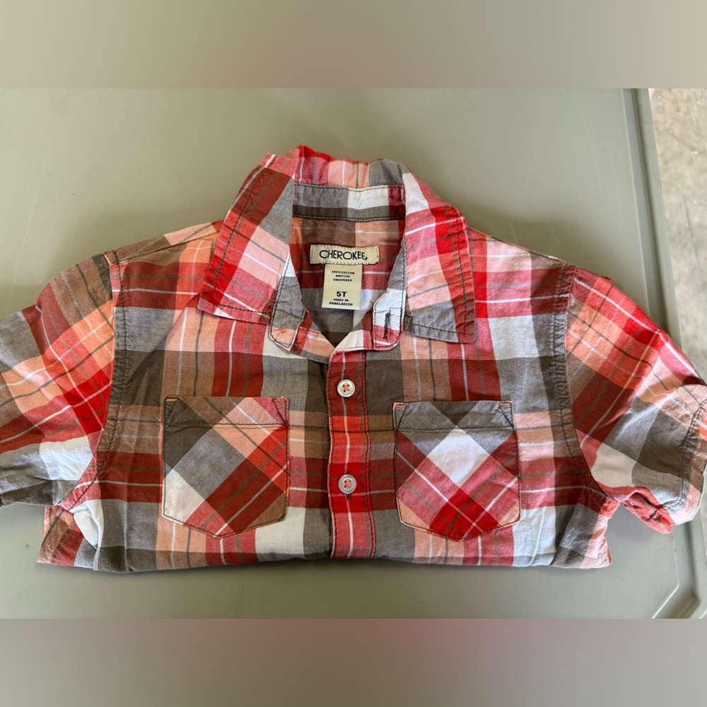 Cherokee Kids Plaid Button Down Shirt - Red, Brown, and White